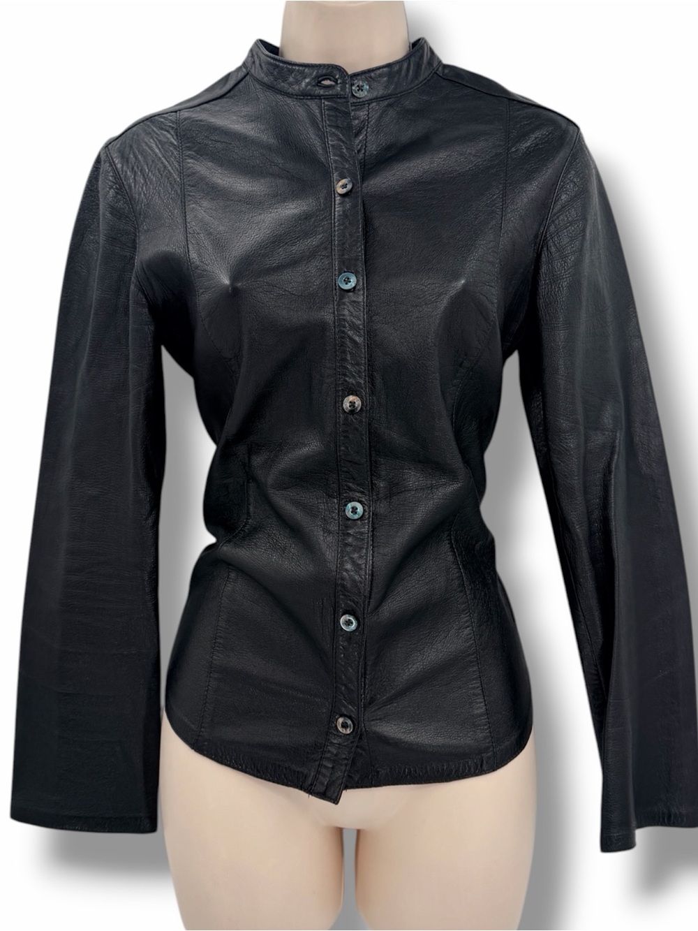 Express Genuine Leather Button Front Top Jacket Shirt Black Size 3/4 Y2K Vintage